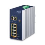 Switch PLANET IP30 industrial de 8 puertos 10/100/1000T no administrado, Gigabit Ethernet con Power over Ethernet (PoE), en colores azul y blanco. SKU: IGS-1020PTF-12V