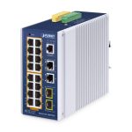Imagen del switch PLANET IP30 Industrial L2/L4 de 16 puertos gestionado Gigabit Ethernet con carcasa de aluminio azul, SKU IGS-4215-16P2T2S