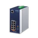 Imagen del switch gestionado PLANET IGS-4215-4P4T L2/L4 Gigabit Ethernet con PoE, colores azul y blanco.