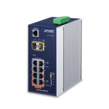 Imagen del PLANET IGS-4215-4P4T2S, un switch gestionado L2/L4 con Puertos Gigabit Ethernet y Energía sobre Ethernet (PoE), en colores azul y blanco.