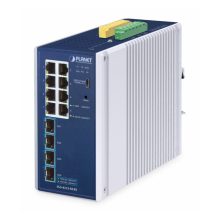 Imagen del switch PLANET IP30 Industrial L2/L4, modelo IGS-4215-8T4X, con 8 puertos Gigabit Ethernet (10/100/1000), carcasa de aluminio azul.