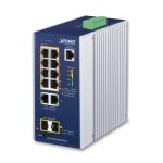 Imagen del switch gestionado PLANET IGS-4215-8UP2T2S con capacidad Gigabit Ethernet, soporte PoE, y carcasa de aluminio azul. SKU IGS-4215-8UP2T2S.