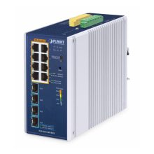 Switch gestionado industrial PLANET IP30 con 8 puertos Gigabit Ethernet L2/L4 y estructura de aluminio azul, SKU IGS-4215-8UP4X