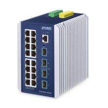 Imagen del switch industrial PLANET IP30 L3 gestionado con 16 puertos Gigabit Ethernet en color azul, modelo IGS-6325-16T4X