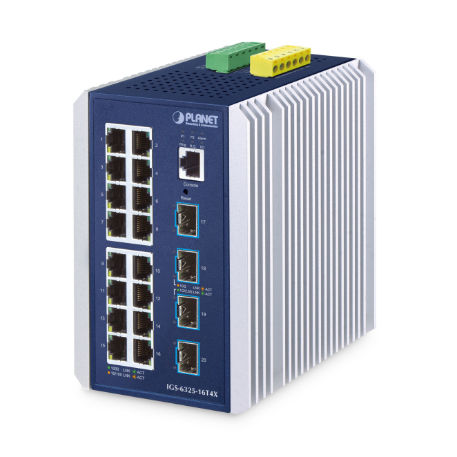 PLANET IP30 Industrial L3 Switch 16-Port Gigabit Ethernet Azul Imagen del switch industrial PLANET IP30 L3 gestionado con 16 puertos Gigabit Ethernet en color azul, modelo IGS-6325-16T4X
