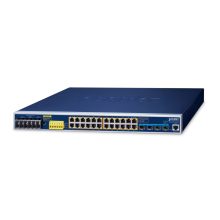 Imagen del switch PLANET IGS-6325-24UP4X, un switch Gestionado L3 Gigabit Ethernet con tecnología Energía sobre Ethernet (PoE) y formato 1U en color azul. SKU IGS-6325-24UP4X.