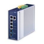 Switch industrial PLANET IP30 L3 con 4 puertos gestionados de 2.5G Ethernet, fabricado en aluminio azul. SKU: IGS-6325-4T2X