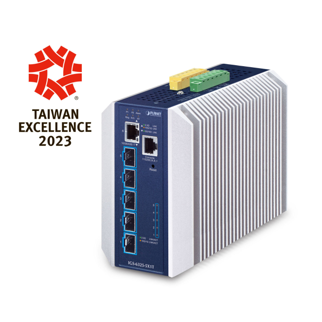 PLANET switch industrial gestionado 10G 5 puertos PLANET IGS-6325-5X1T, switch industrial layer 3 5 puertos gestionado, 10G Ethernet, estructura de aluminio azul