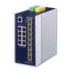 Imagen del switch PLANET IP30 Industrial L3 de 8 puertos Gigabit Ethernet gestionado, modelo IGS-6325-8T8S en colores azul y blanco