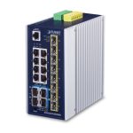 Imagen del PLANET IP30 Industrial L3 8-Port Managed Gigabit Ethernet Switch en colores azul y blanco, SKU IGS-6325-8T8S4X, diseñado para redes industriales.