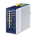 Switch industrial PLANET IP30 DIN-rail modelo IGS-6329-8UP2S2X, gestionado L3, Gigabit Ethernet 10/100/1000, con energía sobre Ethernet (PoE), en colores azul y gris.