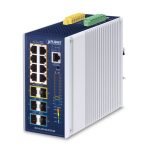 PLANET Industrial L3 Switch de 8 puertos gestionado Gigabit Ethernet con PoE, estructura de aluminio en color azul, SKU IGS-6329-8UP2S4X
