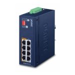 Imagen del dispositivo PLANET IP30 Industrial 4-port Gigabit Ethernet PoE en color azul, modelo IPOE-470-12V, adecuado para aplicaciones industriales.