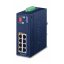 Imagen del dispositivo PLANET IP30 Industrial 4-port Gigabit Ethernet PoE en color azul, modelo IPOE-470-12V, adecuado para aplicaciones industriales.