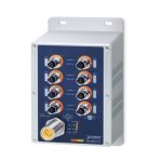 Switch PLANET IP67-rated industrial no administrado con 8 puertos PoE, colores azul y gris, SKU ISW-808PT-M12