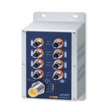 Switch PLANET IP67-rated industrial no administrado con 8 puertos PoE, colores azul y gris, SKU ISW-808PT-M12