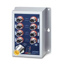Switch PLANET IP50 Industrial con 8 puertos 10/100TX M12, no administrado, soporte PoE, colores azul y gris. SKU: ISW-808PT-M12A