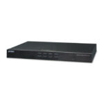 Vista frontal del interruptor KVM PLANET modelo KVM-210-08 con capacidad de 8 puertos y color negro