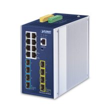 Imagen del switch industrial PLANET IP30 DIN-rail L3 gestionado con puertos Gigabit Ethernet y chasis de aluminio azul, SKU TSN-6325-8T4S4X.