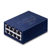 Vista frontal del switch Fast Ethernet PLANET UPOE-400 con soporte PoE en color azul (UPOE-400)