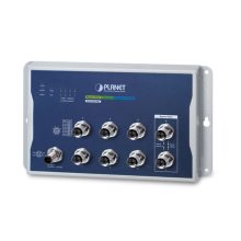 Imagen del switch gestionado PLANET Industrial L2+ de 8 puertos. SKU: WGS-5225-8MT. Ideal para entornos industriales con su diseño en azul y gris.