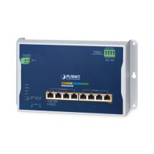 Imagen del switch PLANET IP30 Industrial L3 con 4 puertos 2.5G y PoE+, modelo WGS-6325-8UP2X, fabricado en aluminio de color azul.