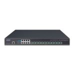Switch gestionado PLANET XGS-6350-12X8TR con 12 puertos Gigabit Ethernet, formato 1U en color negro, SKU: XGS-6350-12X8TR