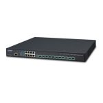 Switch gestionado PLANET XGS-6350-12X8TR con 12 puertos Gigabit Ethernet, formato 1U en color negro, SKU: XGS-6350-12X8TR