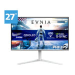 Pantalla para PC Philips Evnia 6000, modelo 27M2N6501L/00, con una medida de 67.3 cm, resolución 2560 x 1440 Pixeles Quad HD, tecnología QD-OLED, en color blanco.