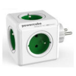 Vista de la base múltiple Allocacoc con 1,5 m de cable, cinco salidas AC en colores verde y blanco, SKU 1306GN/DEEXPC