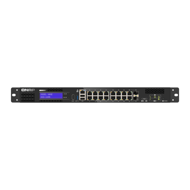QNAP QGD-1600 switch gestionado Gigabit Ethernet 1U Imagen del switch gestionado QNAP QGD-1600 con puertos Gigabit Ethernet en formato 1U, color negro y gris, SKU QGD-1600-4G.