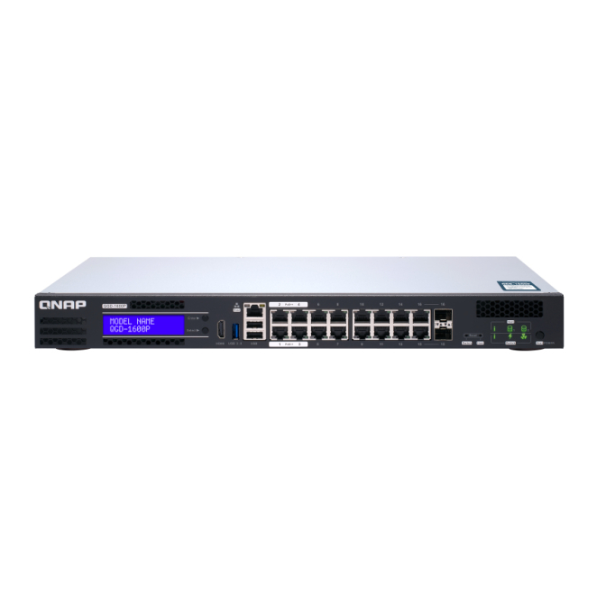 QNAP Switch Gestionado Gigabit Ethernet con PoE y diseño 1U Switch gestionado QNAP QGD-1600P con Gigabit Ethernet, PoE, diseño 1U en colores negro y gris. SKU: QGD-1600P-4G
