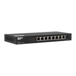 Vista frontal del QNAP QSW-1108-8T switch No administrado con puertos Ethernet 100/1000/2500 Mbps de color negro. SKU: QSW-1108-8T