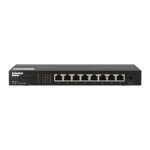 Vista frontal del QNAP QSW-1108-8T switch No administrado con puertos Ethernet 100/1000/2500 Mbps de color negro. SKU: QSW-1108-8T