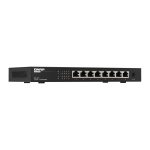 Vista frontal del QNAP QSW-1108-8T switch No administrado con puertos Ethernet 100/1000/2500 Mbps de color negro. SKU: QSW-1108-8T