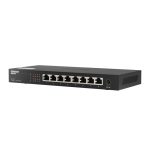 Vista frontal del QNAP QSW-1108-8T switch No administrado con puertos Ethernet 100/1000/2500 Mbps de color negro. SKU: QSW-1108-8T
