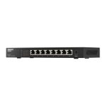 Vista frontal del QNAP QSW-1108-8T switch No administrado con puertos Ethernet 100/1000/2500 Mbps de color negro. SKU: QSW-1108-8T