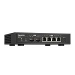 Imagen del QNAP QSW-2104-2S, un switch no administrado de 2.5G Ethernet en color negro con dos puertos SFP+. SKU QSW-2104-2S.