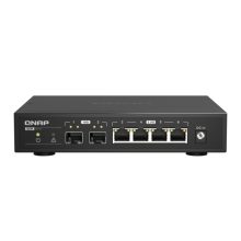 Imagen del QNAP QSW-2104-2S, un switch no administrado de 2.5G Ethernet en color negro con dos puertos SFP+. SKU QSW-2104-2S.