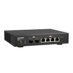 Imagen del QNAP QSW-2104-2S, un switch no administrado de 2.5G Ethernet en color negro con dos puertos SFP+. SKU QSW-2104-2S.
