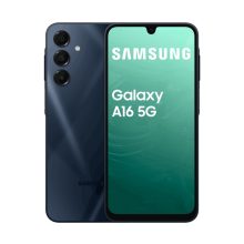 Samsung Galaxy A16 5G con pantalla de 6.7 pulgadas, ranura híbrida Dual SIM, Android 14, USB Tipo C, 4 GB de RAM, 128 GB de almacenamiento y batería de 5000 mAh en color azul oscuro. SKU: SM-A166BZKDEUB