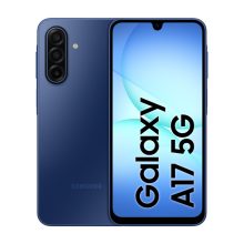 Imagen del Samsung Galaxy A17 5G con pantalla de 6.7 pulgadas, 8 GB de RAM, 256 GB de almacenamiento, ranura híbrida Dual SIM y batería de 5000 mAh en color azul. SKU: SM-A176BZBDEUE