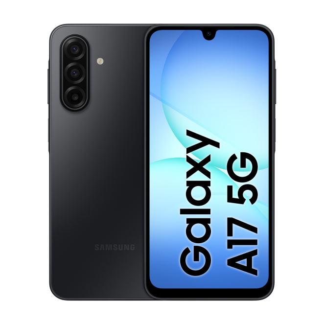 Samsung Galaxy A17 5G con ranura híbrida y batería de 5000 mAh Samsung Galaxy A17 5G de 17 cm (6.7 pulgadas) en color negro con 8 GB de RAM, 256 GB de almacenamiento, ranura híbrida Dual SIM y batería de 5000 mAh. SKU: SM-A176BZKDEUE