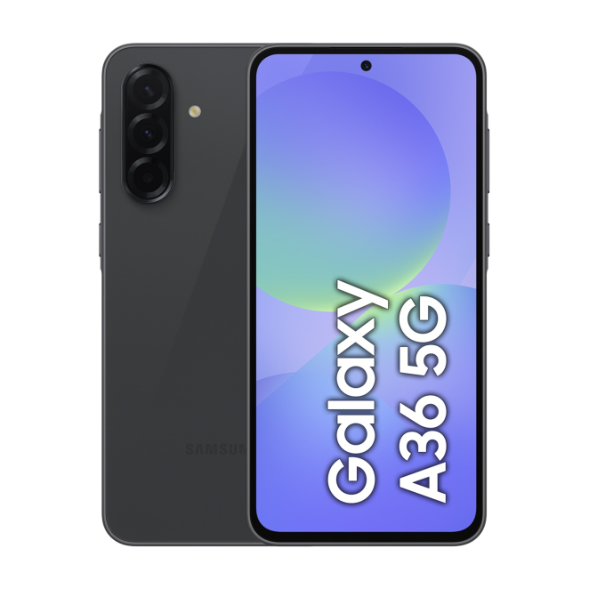 Samsung Galaxy A36 5G - Smartphone con Pantalla Infinita Imagen del Samsung Galaxy A36 5G, smartphone con pantalla infinita y tecnología 5G, SKU SM-A366BZKGEUB