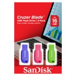 Unidad flash USB SanDisk Cruzer Blade de 16GB, puerto USB tipo A 2.0, disponible en azul, verde y rosa. SKU: SDCZ50C-016G-B46T
