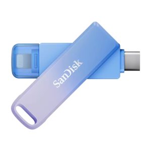 Vista de la unidad flash USB SanDisk Creator Phone Drive con 128 GB, USB Type-C y Lightning, en colores azul y lila, SKU SDIXD0N-128G-GN6TP