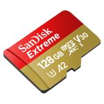 Tarjeta de memoria SanDisk Extreme MicroSDXC de 128 GB con especificaciones A2, V30, UHS-I. SKU SDSQXAA-128G-GN6AA