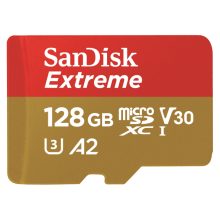 Tarjeta de memoria SanDisk Extreme MicroSDXC de 128 GB con especificaciones A2, V30, UHS-I. SKU SDSQXAA-128G-GN6AA