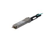 Cable de 10 metros AOC QSFP+ a QSFP+ 40G compatible con MSA sin codificar de StarTech.com, SKU QSFP40GAO10M. Fibra óptica activa QSFP+ para transferencia de datos de alta velocidad a 40 Gbps.
