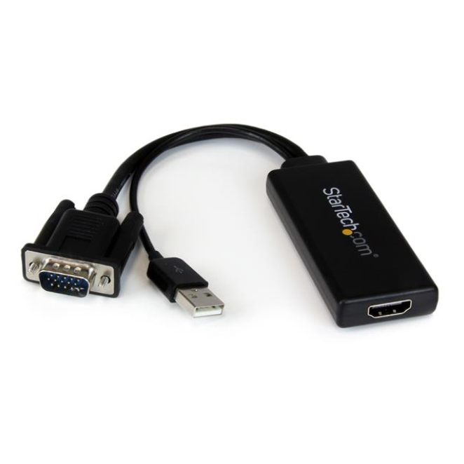 StarTech Adaptador VGA a HDMI con Audio y Alimentación USB - Portátil y 1080p Imagen del adaptador StarTech VGA a HDMI con audio y alimentación USB, modelo VGA2HDU. Convierte señal VGA a HDMI en 1080p.